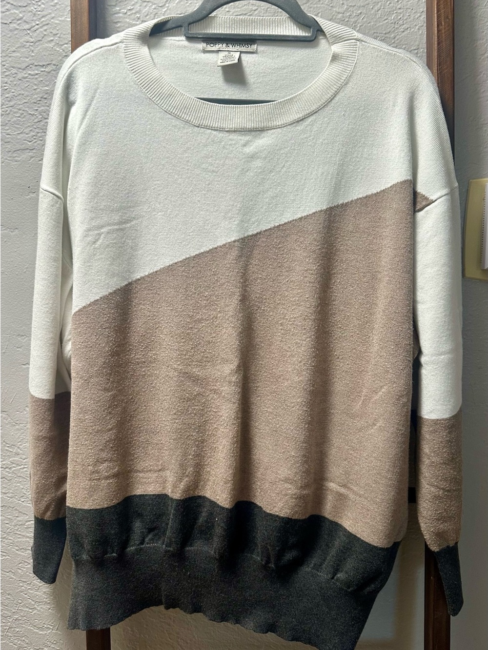 Colorblock Crewneck Sweater in White, Taupe & Black